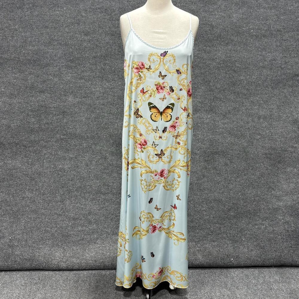 Wrap Up By VP Gown Womens Medium Blue Butterfly Rose Floral Satin Maxi Chemise